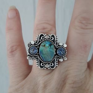 New Amazing Abalone Shell and Blue Quartz 925 Silver Ring.